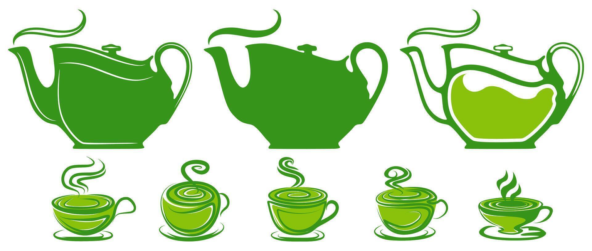 ensemble matcha thé icône. théière avec vert thé. thé tasse matcha logo à base de plantes thé vecteur