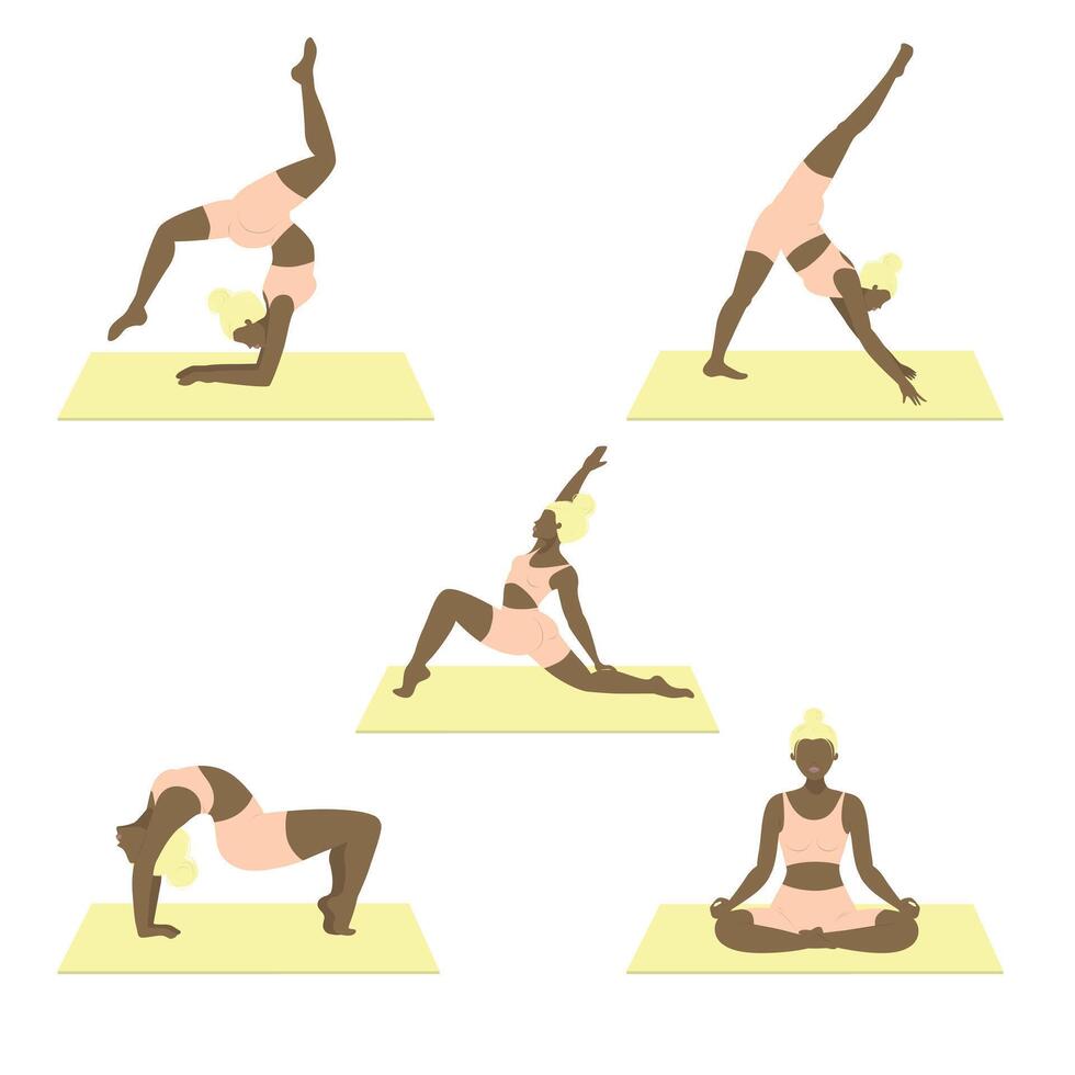 ensemble de sportif Jeune femme Faire yoga aptitude des exercices. en bonne santé mode de vie. collection de femelle dessin animé personnages démontrant divers yoga postes isolé sur blanc Contexte - vecteur