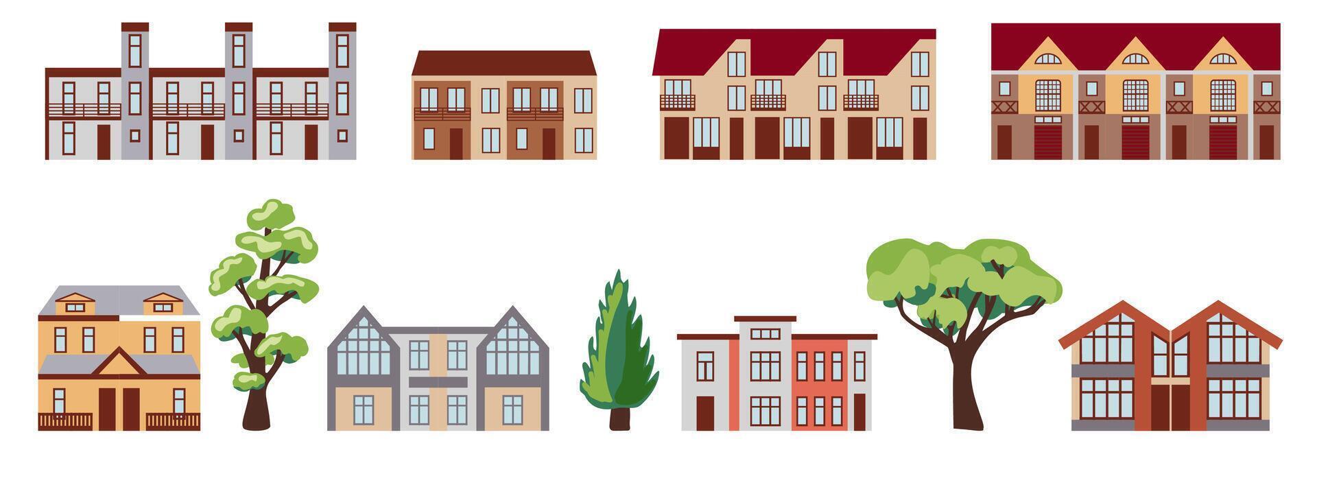 moderne de faible hauteur bâtiments et des arbres, éléments de Urbain Infrastructure, une chalet village, une ville rue, une ensemble de Icônes pour constructeurs, des illustrations dans une plat style. vecteur