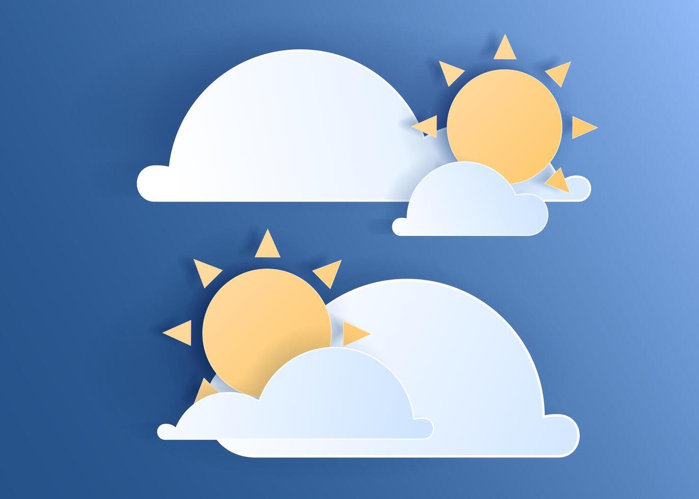 papier Couper temps élément de des nuages et Soleil sur bleu ciel Contexte. prévoir blanc nuage icône symbole collection. 3d papercraft Cadre icône pour affiches et dépliants, présentation, la toile, social médias vecteur