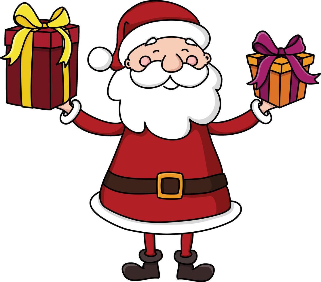 mignonne Père Noël claus souriant comme il détient une Noël présent dans chaque main illustration vecteur