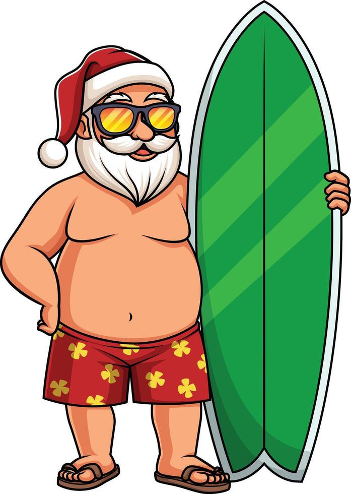 été Père Noël claus avec planche de surf illustration vecteur