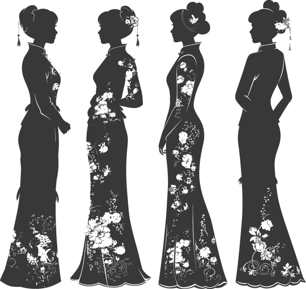 silhouette indépendant chinois femmes portant cheongsam ou zansae noir Couleur seulement vecteur