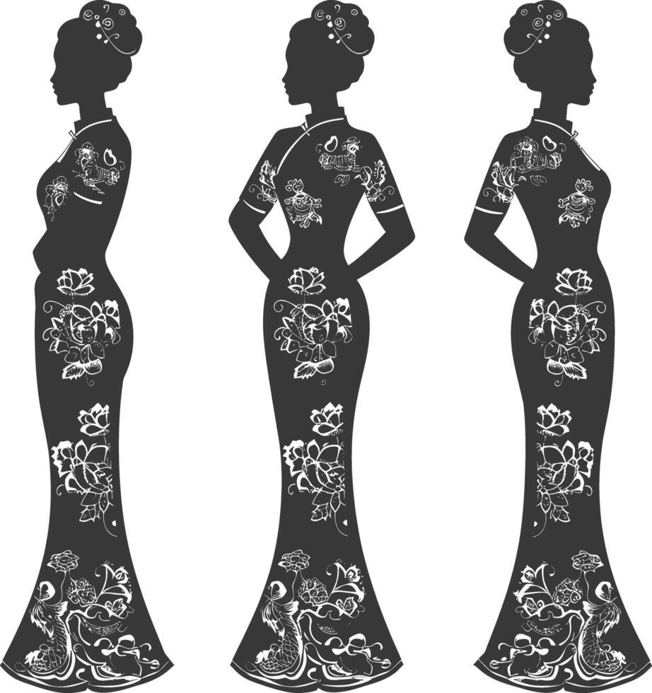 silhouette indépendant chinois femmes portant cheongsam ou zansae noir Couleur seulement vecteur