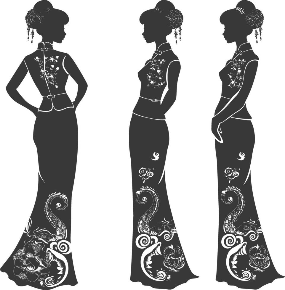 silhouette indépendant chinois femmes portant cheongsam ou zansae noir Couleur seulement vecteur