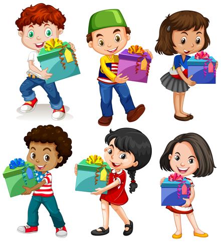 Garçons et filles avec des boîtes à cadeaux vecteur