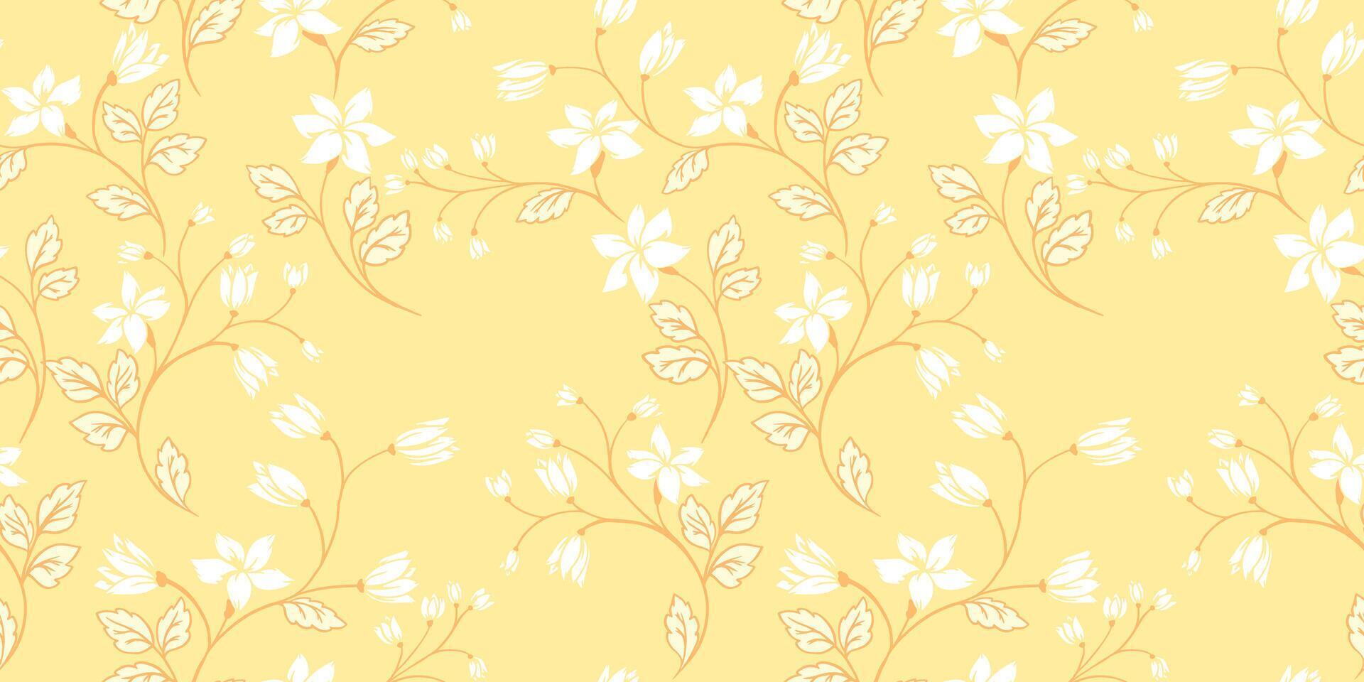 Jaune épanouissement sans couture modèle avec minuscule sauvage floral tiges. abstrait artistique formes branches avec idiot fleurs, bourgeons, petit feuilles impression. main dessin. ornement pour conception, en tissu vecteur