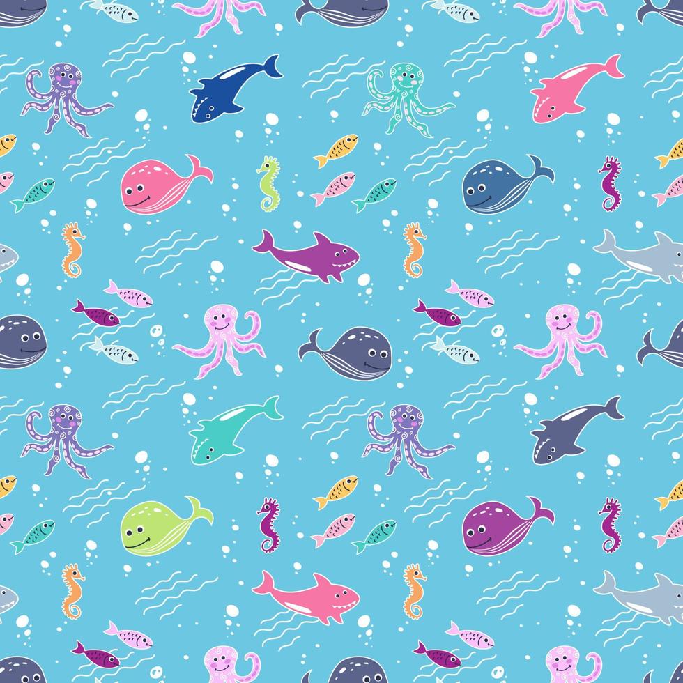 motif harmonieux avec des poissons mignons, des baleines, des requins, des poulpes et des hippocampes. vecteur