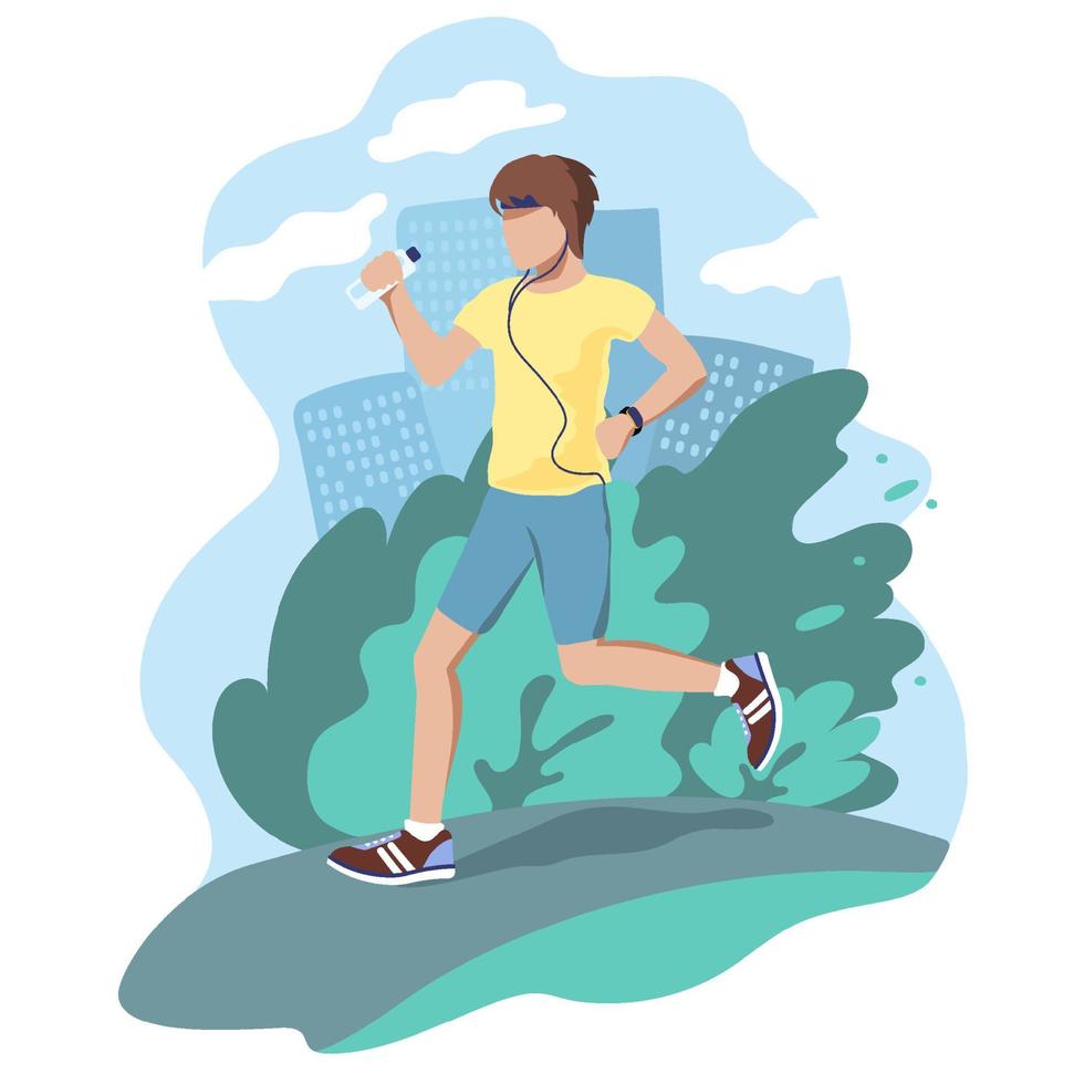 un jeune homme court le long de la route avec des écouteurs avec un bracelet de fitness et une bouteille d'eau. illustration de faire du sport dans la nature et un mode de vie sain. vecteur
