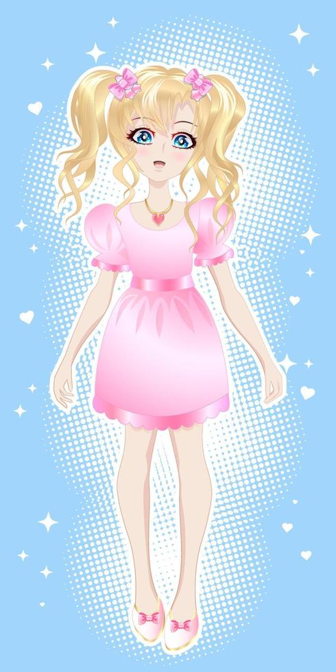 fille blonde, vêtue d'une robe rose dans le style de l'anime, du manga. vecteur