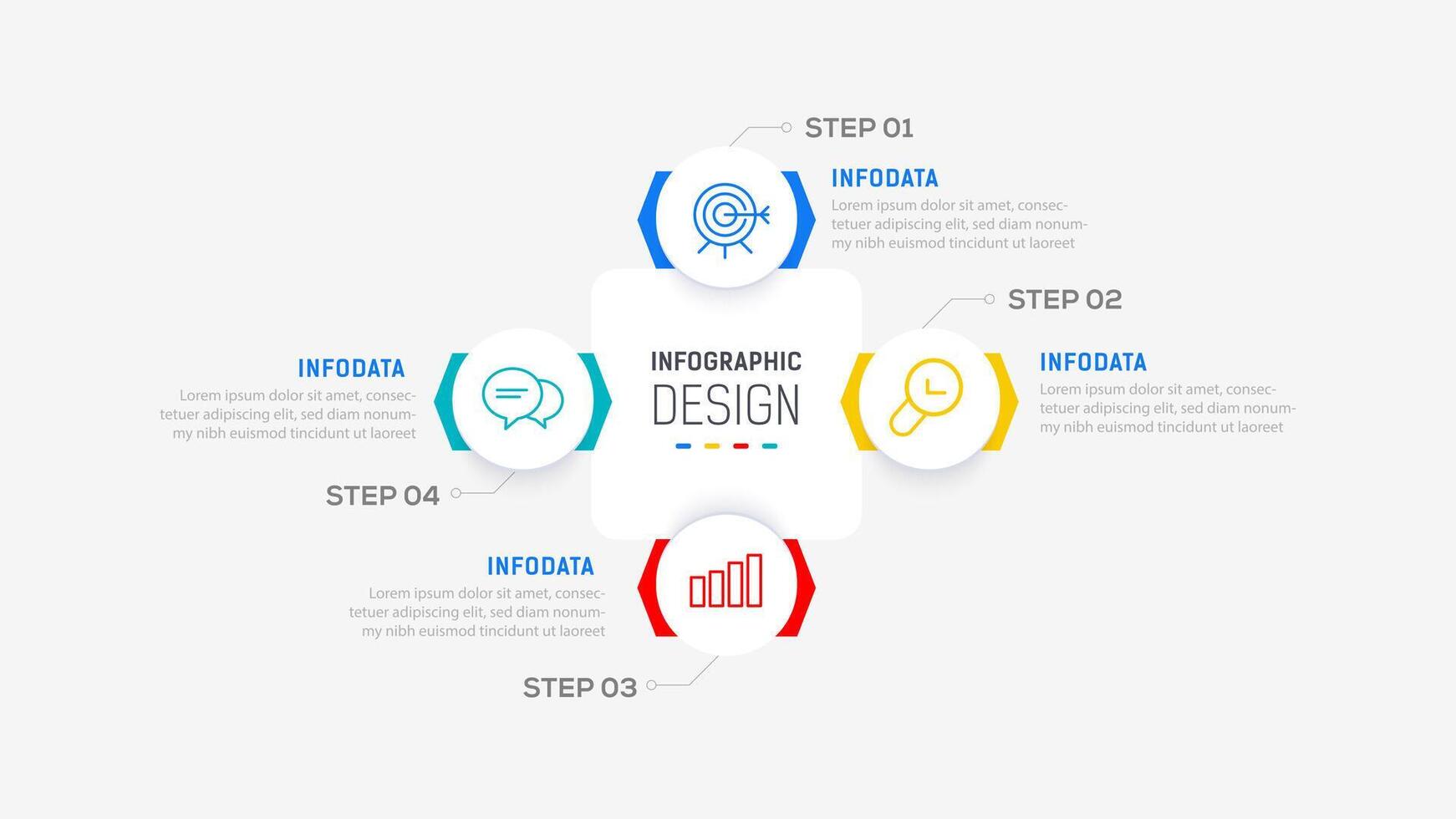 quatre étape infographie élément conception modèle pour présentation. processus diagramme et présentations marcher, flux de travail mise en page, bannière, couler graphique, Info graphique illustration. vecteur