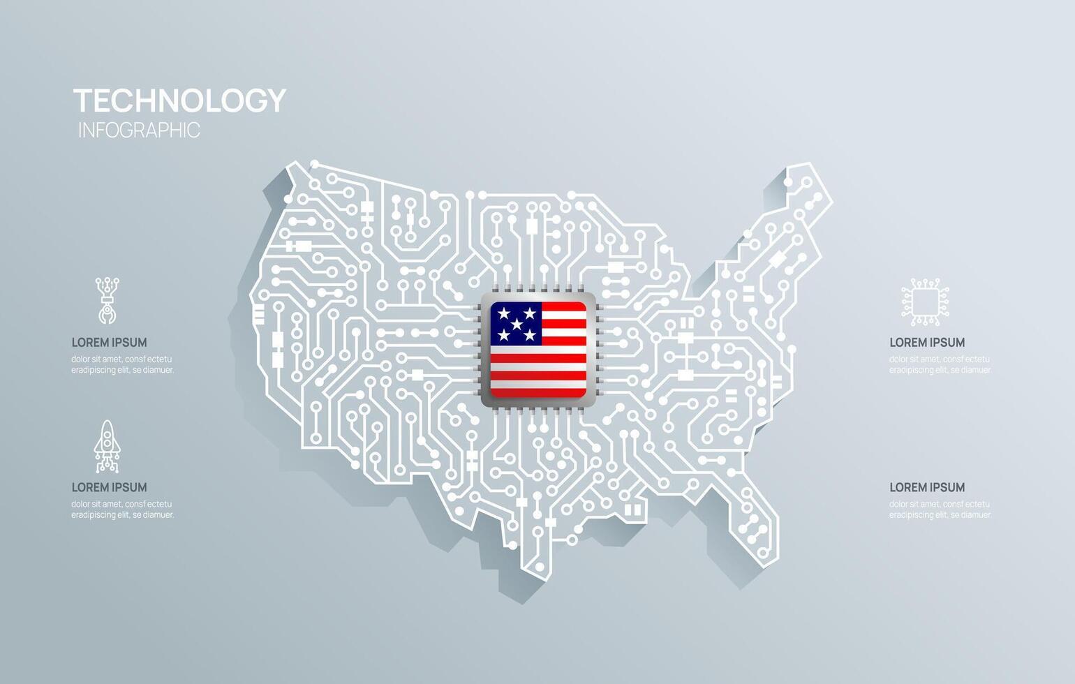 circuit puce planche semi-conducteur La technologie infographie. infographie circuit planche Etats-Unis carte forme concept Contexte. illustration. vecteur