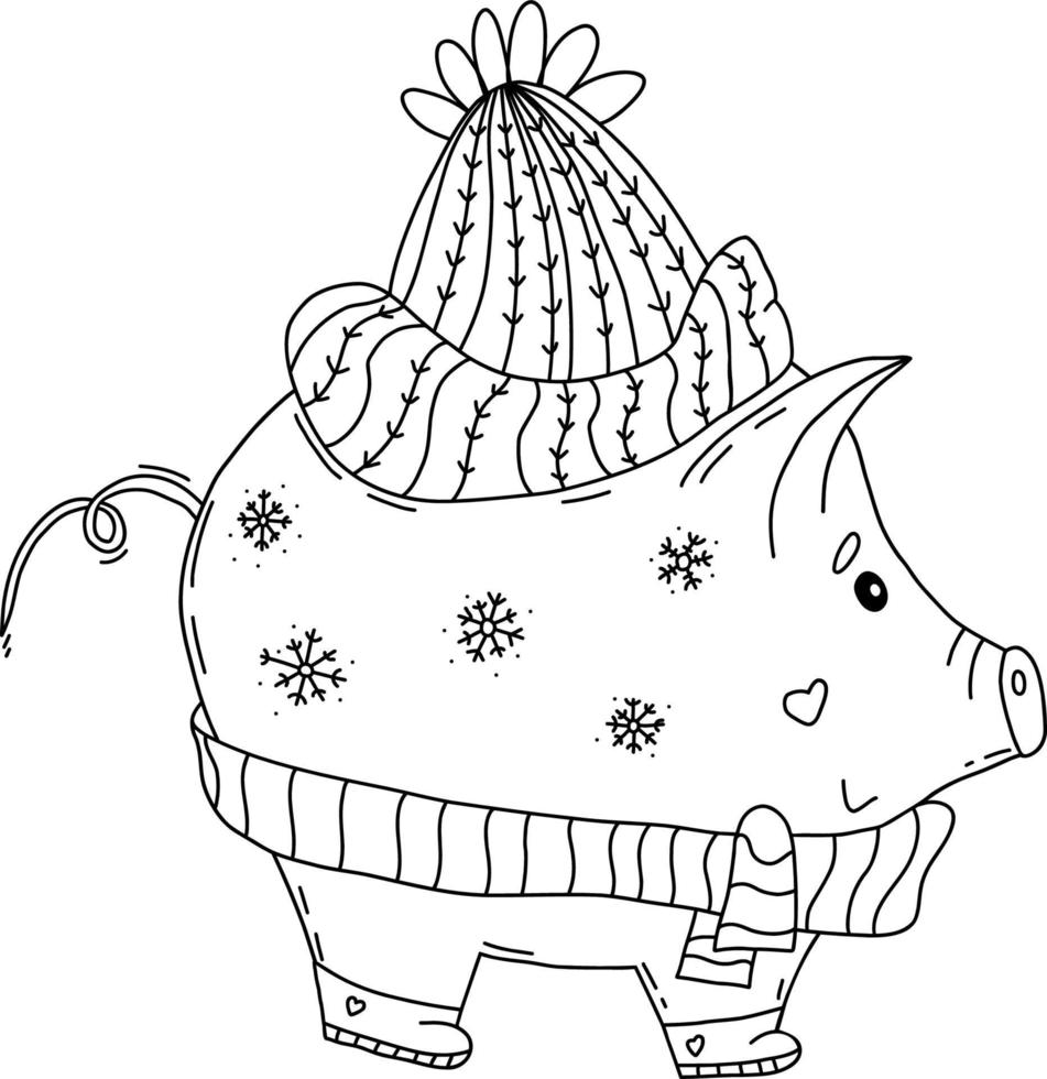 tirelire cochon en vêtements d'hiver. illustration vectorielle. croquis de dessin à la main linéaire vecteur