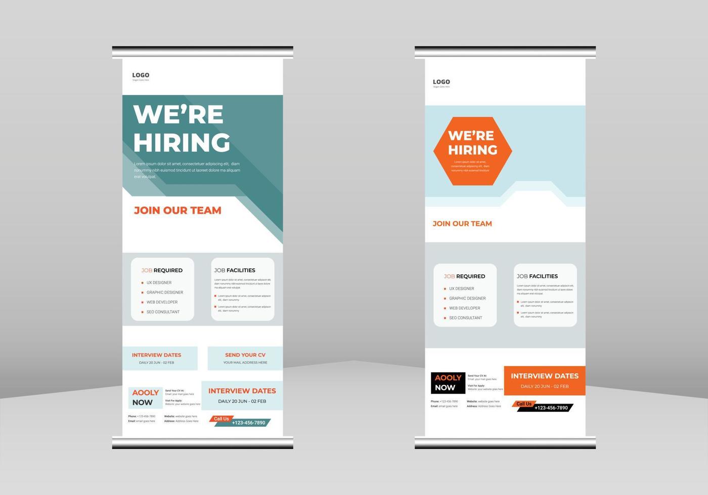 nous recrutons un design de bannière roll-up, nous embauchons un modèle de dépliant roll-up. nous embauchons un modèle d'affiche de flyer. embauche d'employés dl flyer, tendance entreprise roll up banner design, vecteur