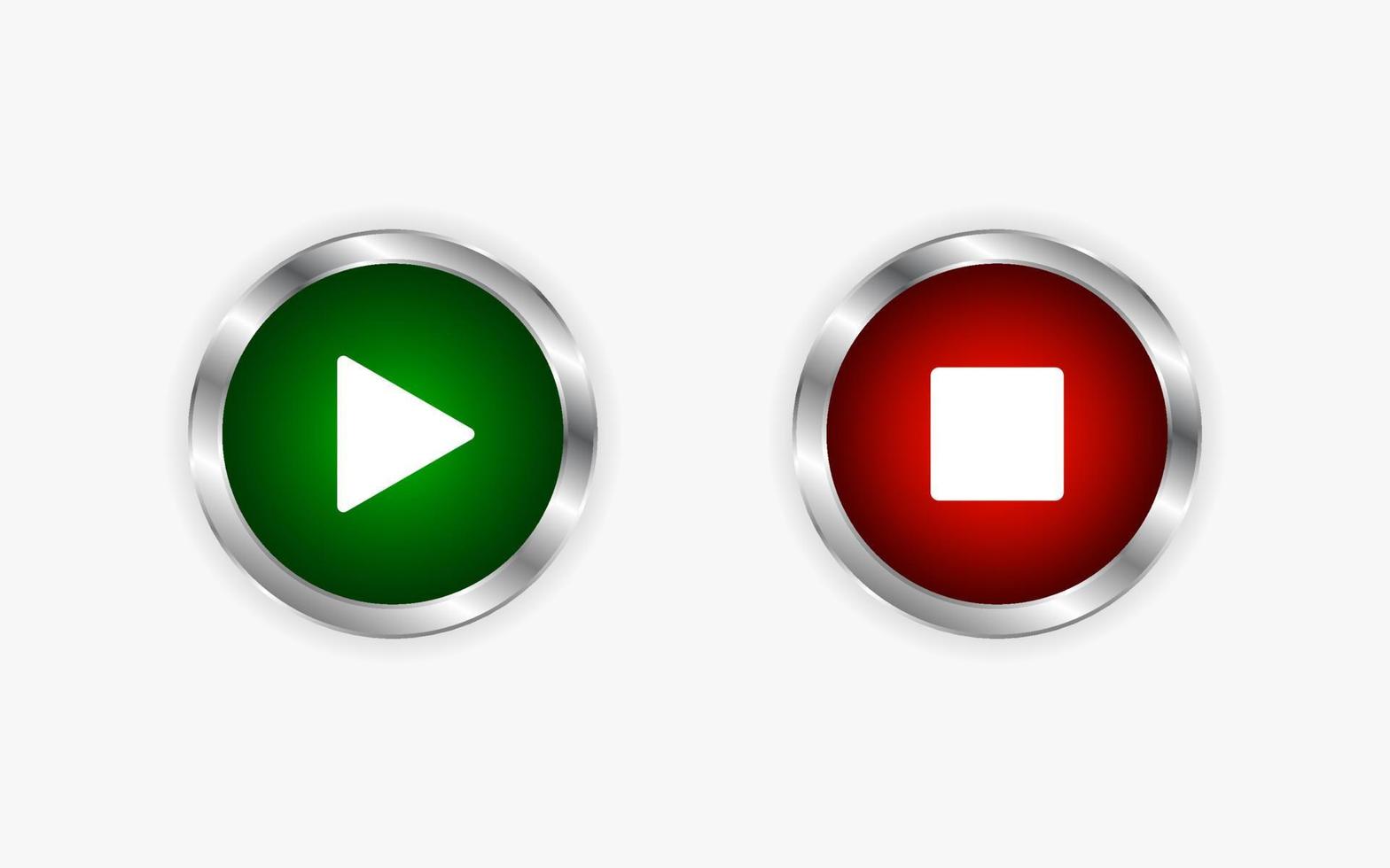 jouer à l'illustration vectorielle de l'icône du bouton d'arrêt avec une couleur verte rouge et un cadre en anneau argenté. vecteur
