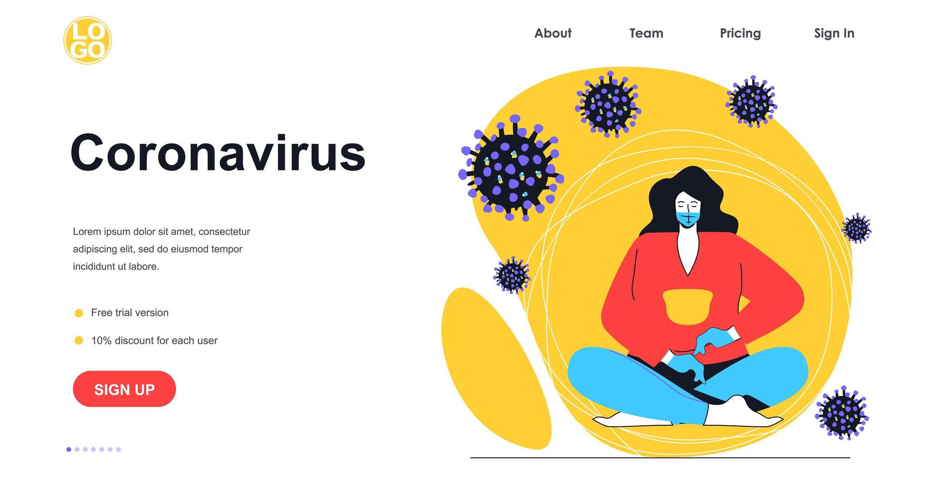 concept de bannière web de maladie de coronavirus. une femme portant un masque médical et des gants protège contre les infections virales, modèle de page de destination des précautions contre les virus. illustration vectorielle avec scène de personnes au design plat vecteur