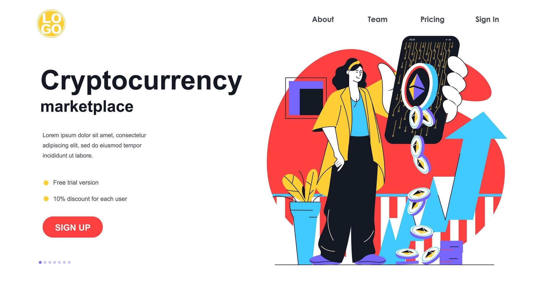 concept de bannière web de marché de crypto-monnaie. une femme achète ou vend des bitcoins et d'autres crypto-monnaies à l'aide d'une application mobile, d'un modèle de page de destination. illustration vectorielle avec scène de personnes au design plat vecteur