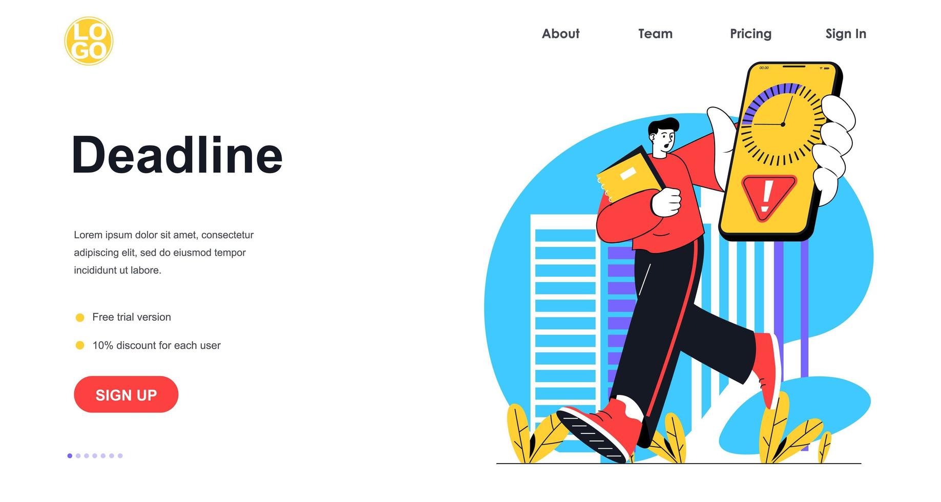 date limite au concept de bannière web de bureau. l'homme court avec le téléphone à la main avec un compte à rebours. modèle de page de destination pour le stress au travail et la gestion du temps. illustration vectorielle avec scène de personnes au design plat vecteur