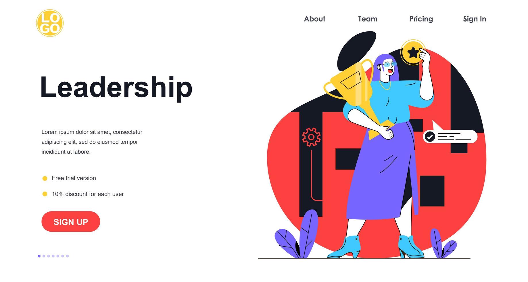 concept de bannière web de leadership. la femme atteint ses objectifs de carrière, reçoit un trophée et une note élevée, modèle de page de destination d'entreprise de développement. illustration vectorielle avec scène de personnes au design plat vecteur