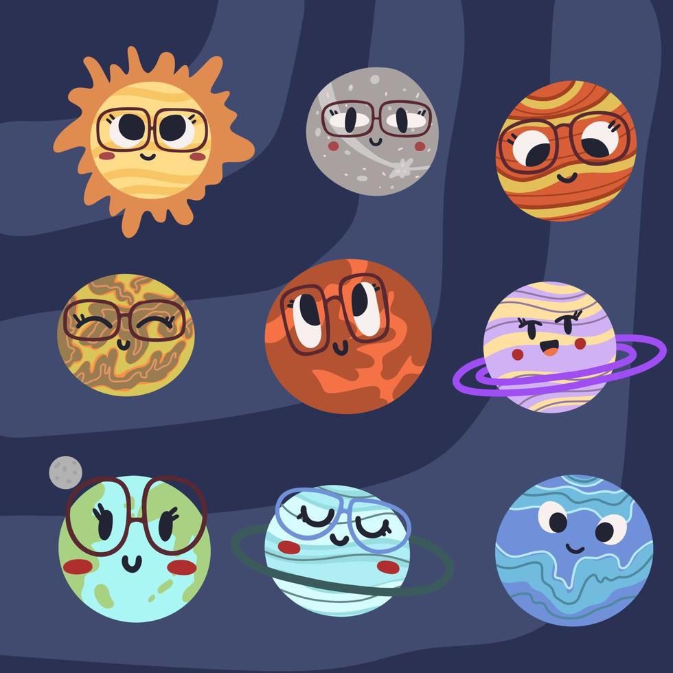 ensemble de planètes du système solaire avec des visages dessinés à la main. illustration vectorielle pour affiches, estampes et cartes vecteur