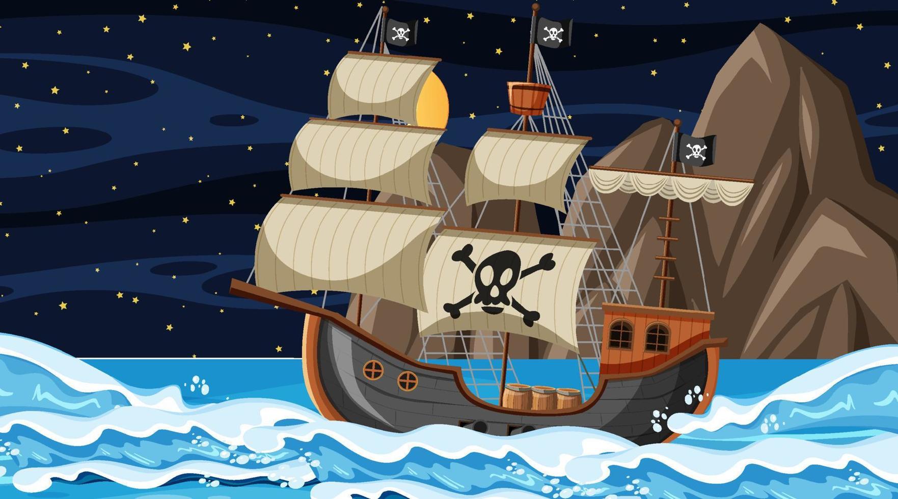 océan avec bateau pirate à la scène de nuit en style cartoon vecteur