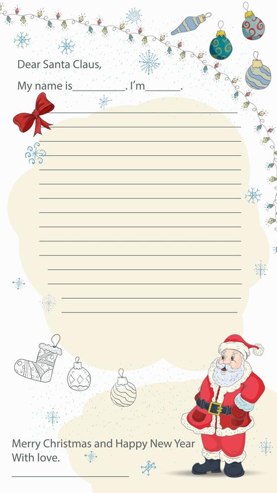 un exemple de mise en page de lettre de noël et du nouvel an prête à l'emploi pour le père noël avec une ligne pour le texte le père noël se dresse parmi des boules de noël et des flocons de neige vecteur