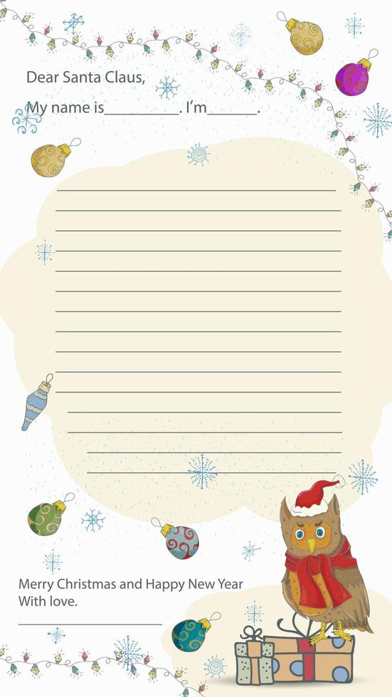 un modèle de lettre de Noël et du nouvel an prêt à l'emploi pour le père noël avec une ligne pour le texte un oiseau hibou dans un chapeau rouge est assis sur des coffrets cadeaux vecteur