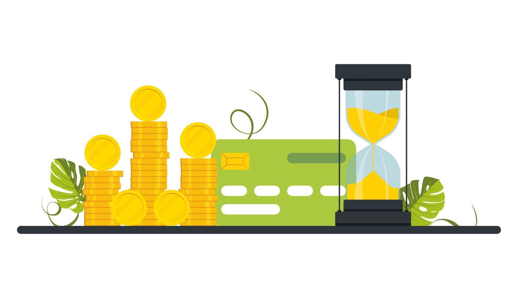 carte bancaire de crédit en plastique. gros tas de pièces d'or, d'argent, de sablier et de banque de crédit. concept de multiplication d'argent, richesse, conception d'image d'argent moderne. types de paiement. illustration vectorielle vecteur