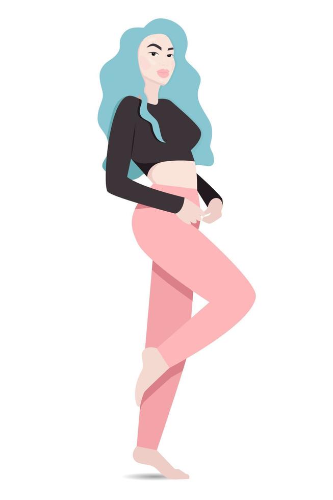 jolie jeune femme aux longs cheveux bleus se dresse et pose pieds nus sur une jambe. illustration vectorielle vecteur