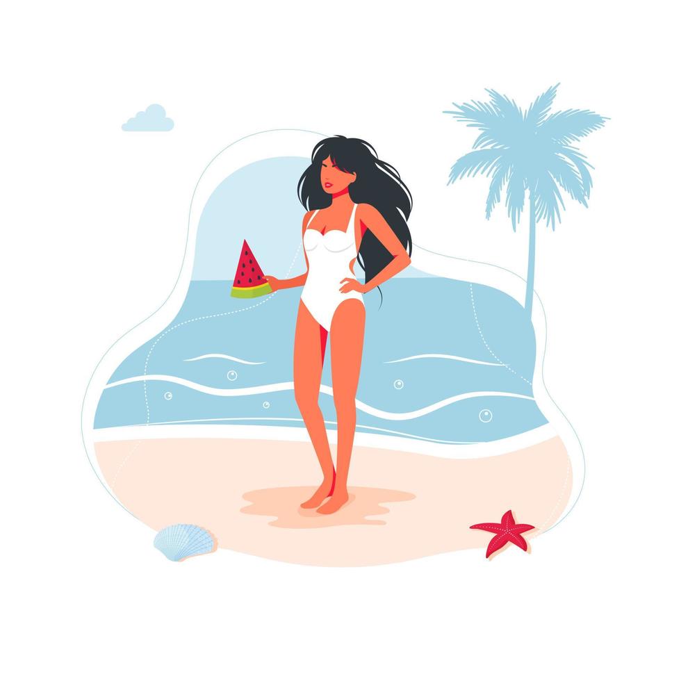 belle femme fille sur la plage en maillot de bain et avec une tranche de pastèque à la main au bord de la mer sur le sable. bannière de voyage de personnes de plage de mer, symbole de vacances d'été. illustration vectorielle vecteur