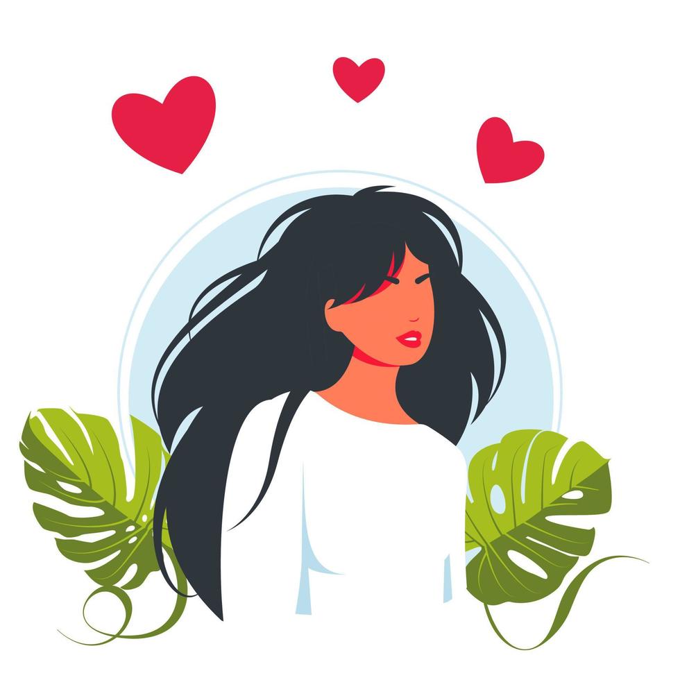 belle jeune femme amoureuse, coeurs au-dessus. Dame positive exprimant l'amour de soi et les soins. illustration vectorielle pour vous aimer, corps positif, concept de confiance. concept d'amour de soi. vecteur