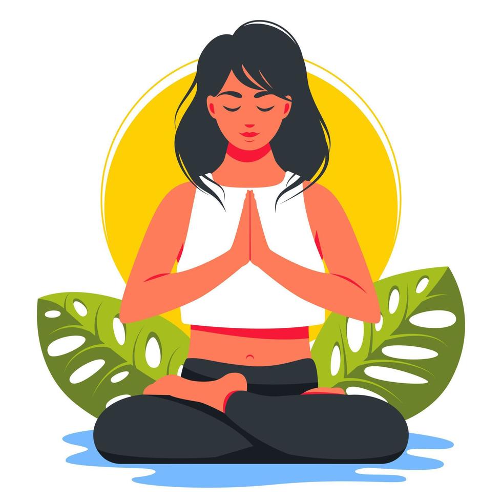 femme en position du lotus et méditant dans la nature et les feuilles. illustration de concept pour le yoga, la méditation, la détente, les loisirs, un mode de vie sain. illustration vectorielle en style cartoon plat. vecteur