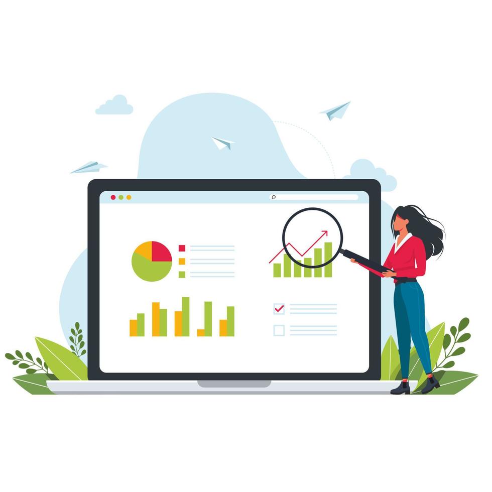 prévision et indice des ventes, analyse des bénéfices. concept de progression des ventes avec graphique sur moniteur. récupération de données. les gens utilisent une loupe pour rechercher et analyser des données. femme se tient près de l'écran du moniteur vecteur