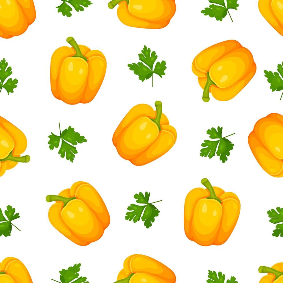 modèle sans couture de paprika doux, poivre bulgare jaune et persil isolé sur fond blanc. illustration vectorielle de légumes. modes de cuisson avec des légumes frais vecteur