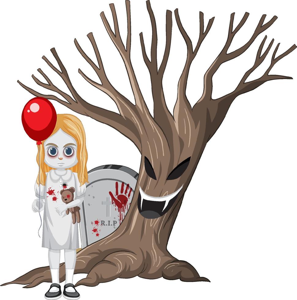 fille fantôme tenant un ballon rouge et un arbre effrayant vecteur