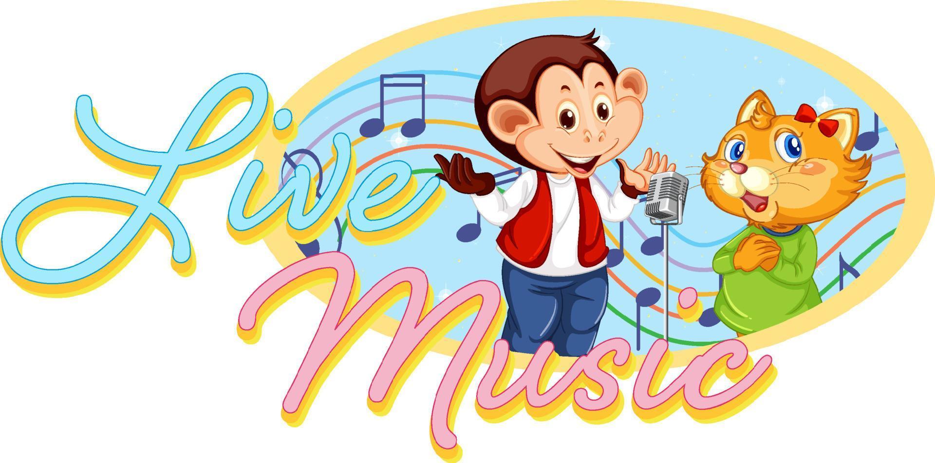 logo de musique live avec singe et chat chantant vecteur