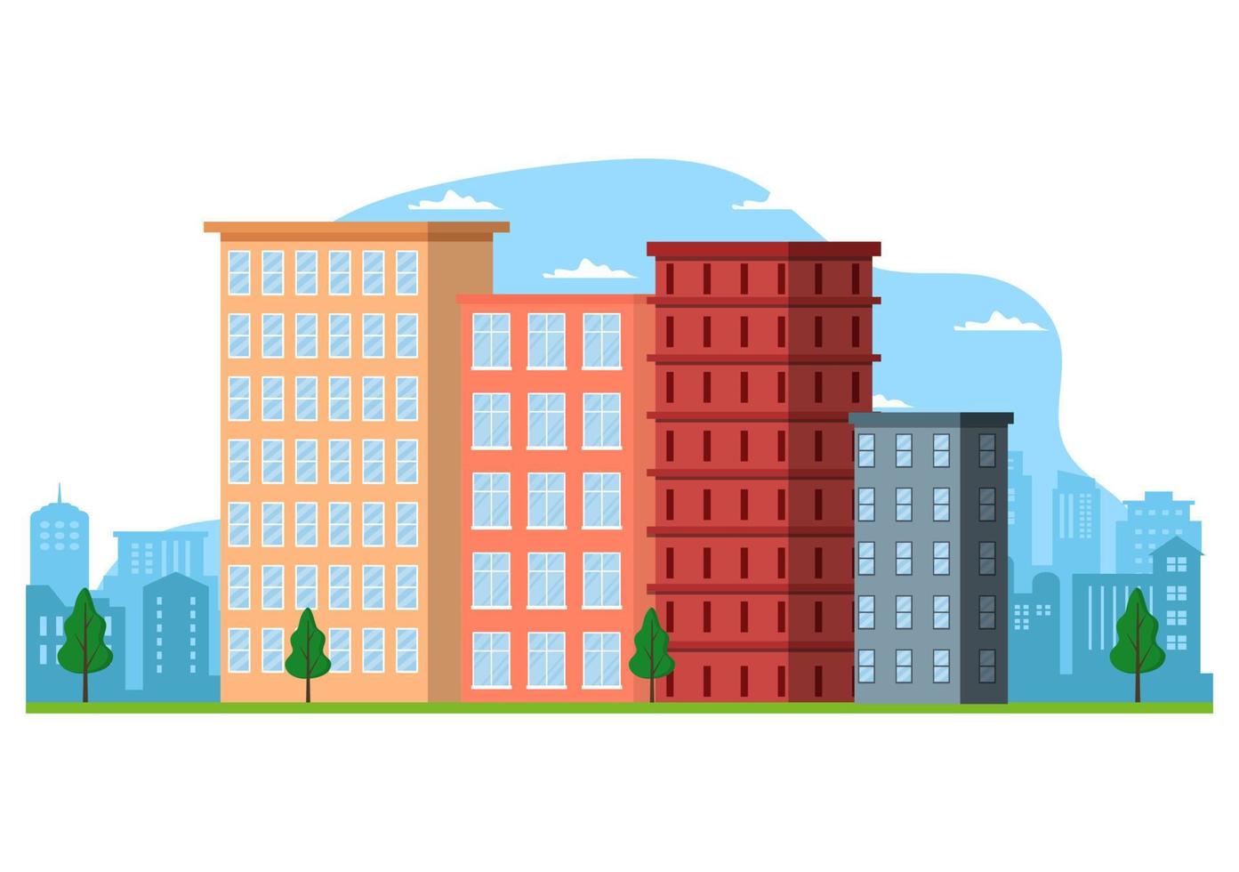 paysage urbain moderne bâtiments et architecture immobilier silhouette vecteur arrière-plan illustration en ligne style plat géométrique simple