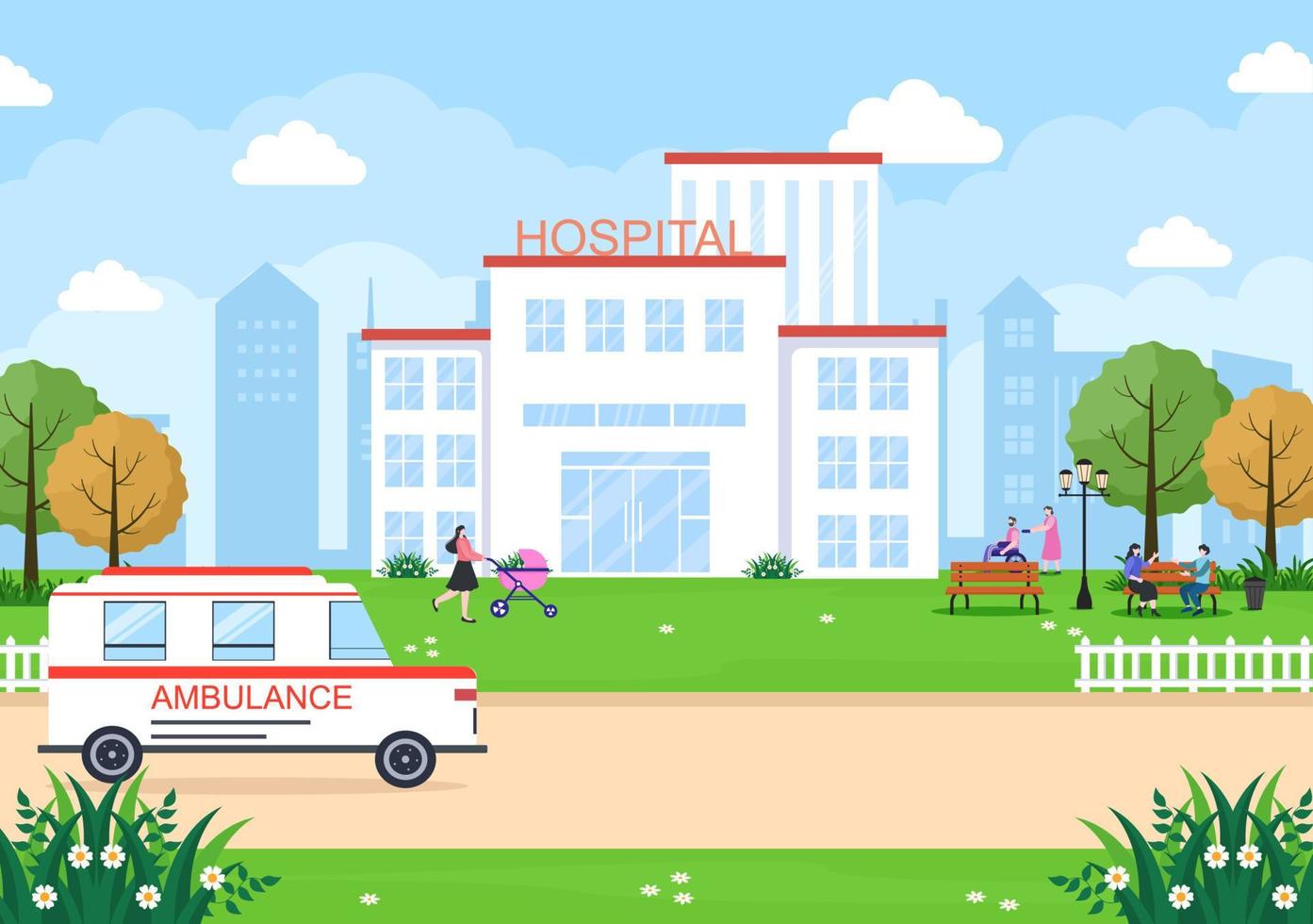bâtiment de l'hôpital pour l'illustration vectorielle de fond de soins de santé avec, voiture d'ambulance, médecin, patient, infirmières et extérieur de la clinique médicale vecteur