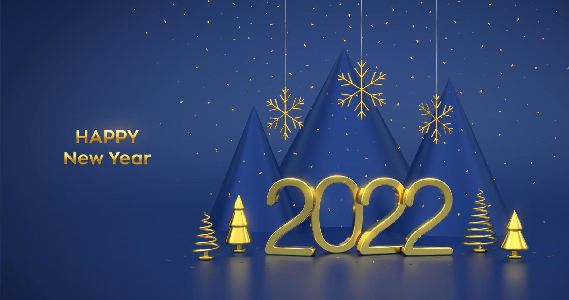 bonne année 2022. Numéros métalliques dorés 3d 2022 avec pin en forme de cône métallique, épinettes, flocons de neige dorés et confettis sur fond bleu. fond de Noël, carte, en-tête. illustration vectorielle. vecteur