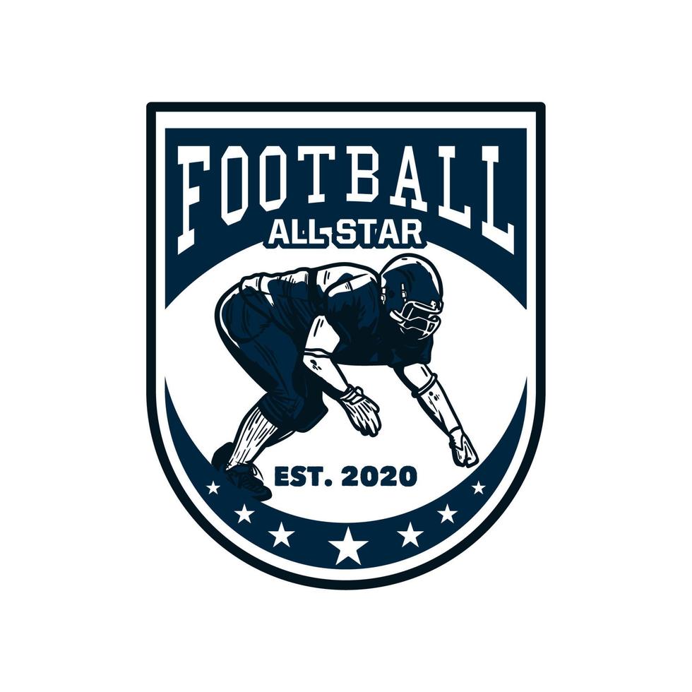 conception de logo football all star est 2020 avec un joueur de football faisant une illustration vintage de position de tacle vecteur