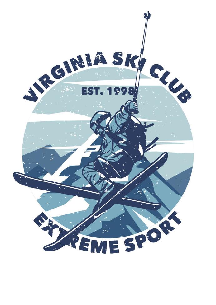 création de logo club de ski de Virginie sport extrême avec homme skiant sur la montagne enneigée illustration vintage vecteur