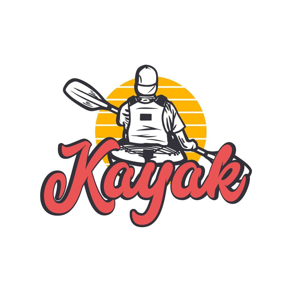 conception de logo kayak avec homme pagayant illustration vintage de kayak vecteur