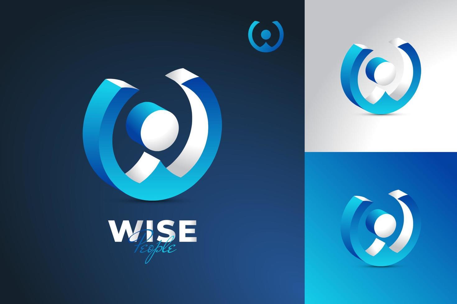 Création de logo de personnes en 3D avec la lettre initiale w et o en bleu et blanc. logo ou symbole monogramme wo ou ow vecteur