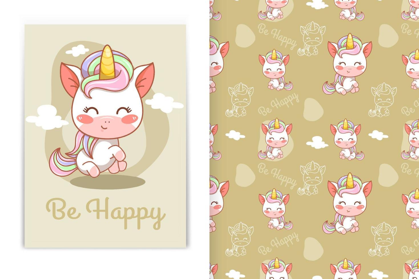 Style kawaii de dessin animé mignon bébé licorne et ensemble de motifs sans couture vecteur