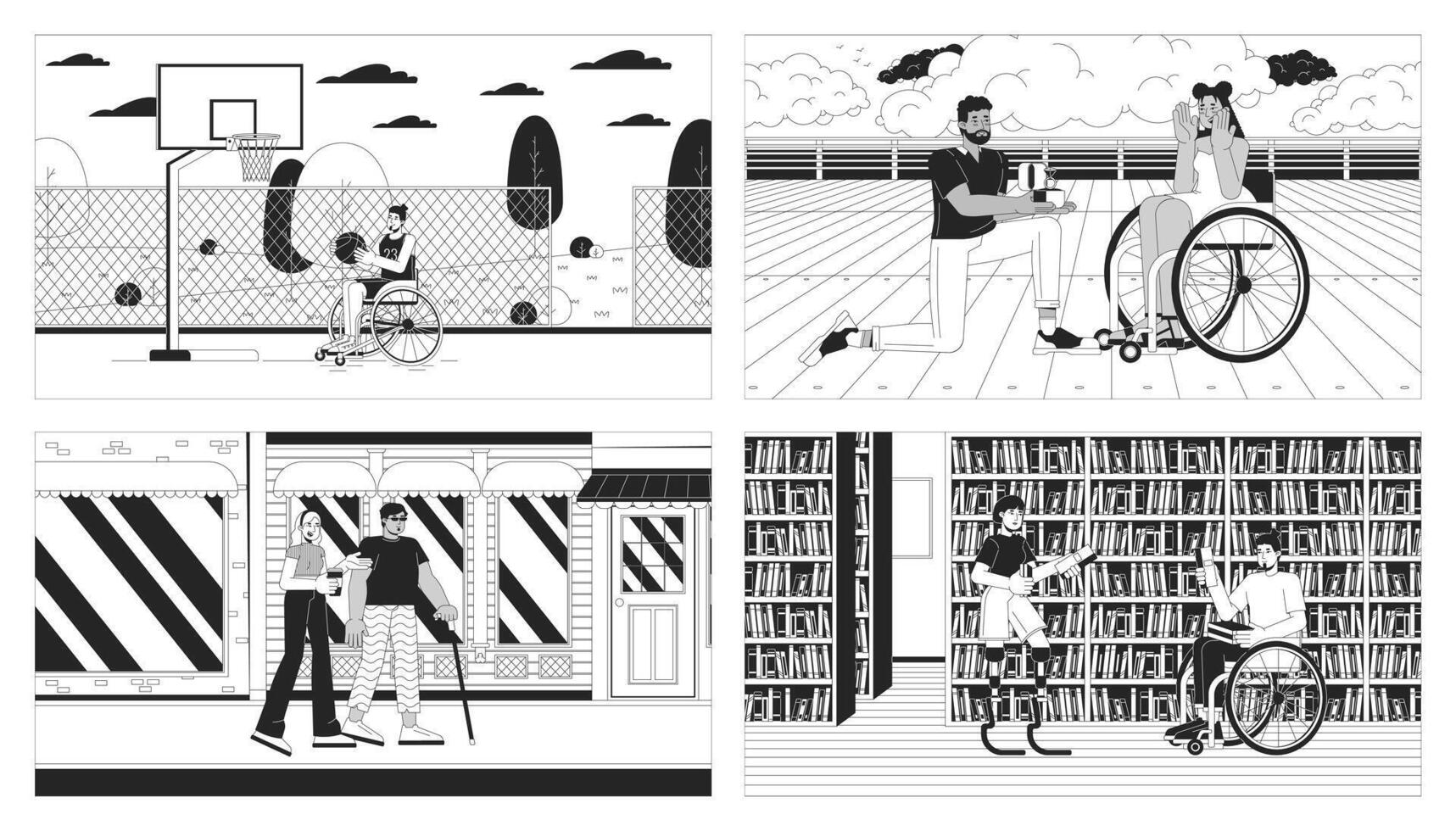 gens avec invalidité du quotidien la vie noir et blanc ligne illustrations. ordinaire Activités de désactivée 2d personnages monochrome Contexte. inclusion culture scènes narration image collection vecteur