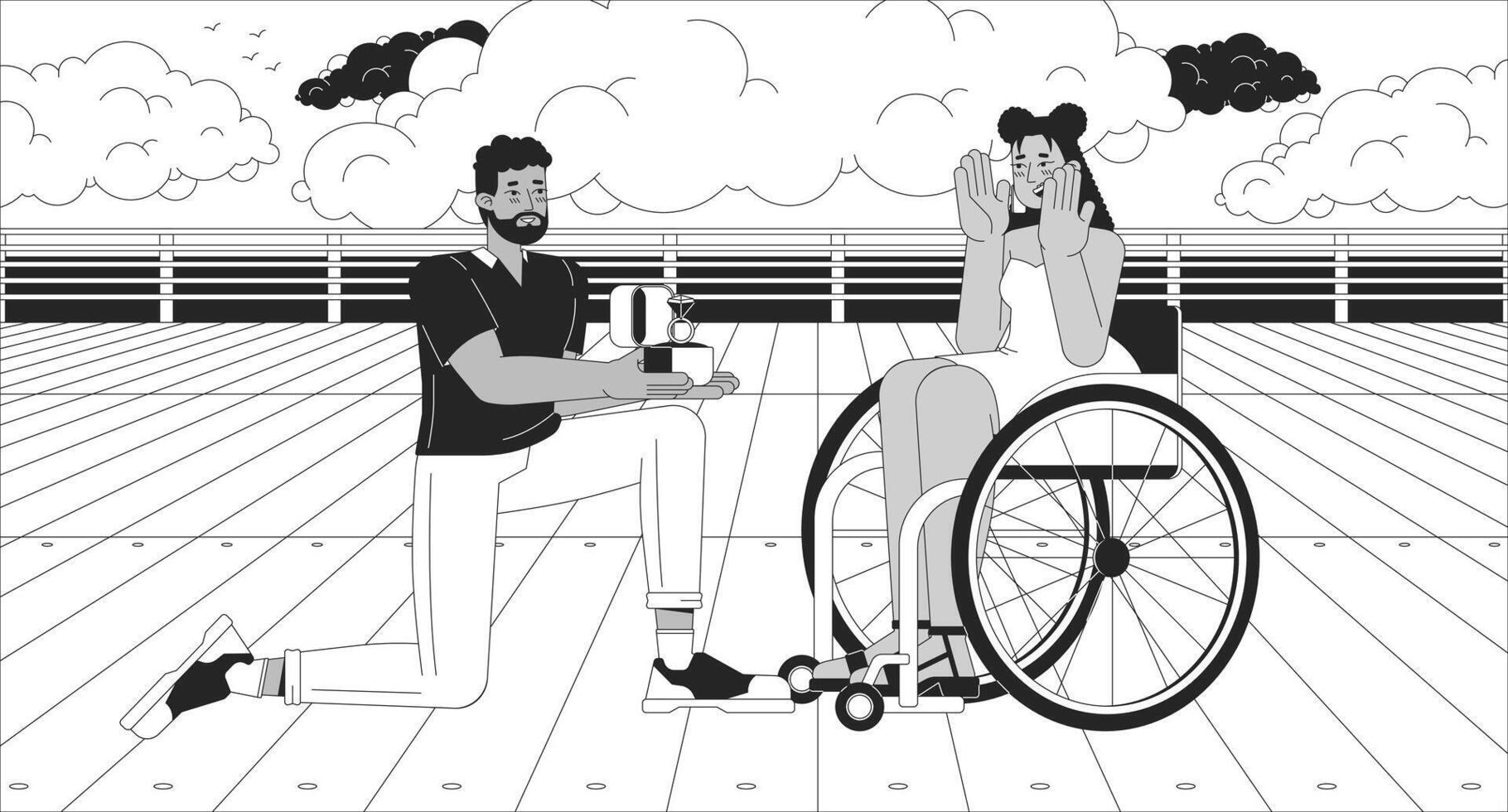 avoir engagé noir et blanc ligne illustration. noir homme proposer à fauteuil roulant latina femme 2d personnages monochrome Contexte. content la vie avec invalidité contour scène image vecteur