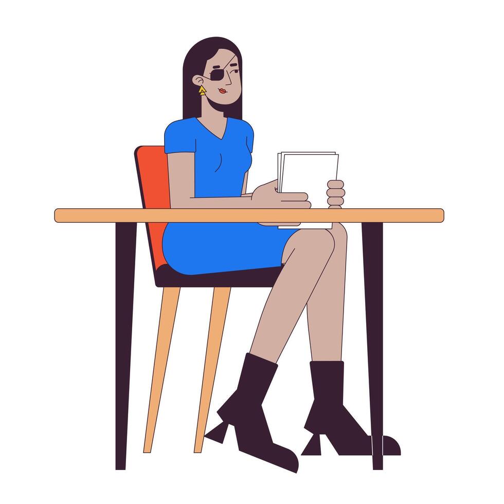 arabe femme avec œil pièce dans Bureau 2d linéaire dessin animé personnage. milieu est femelle avec invalidité à lieu de travail isolé ligne la personne blanc Contexte. inclusion Couleur plat place illustration vecteur