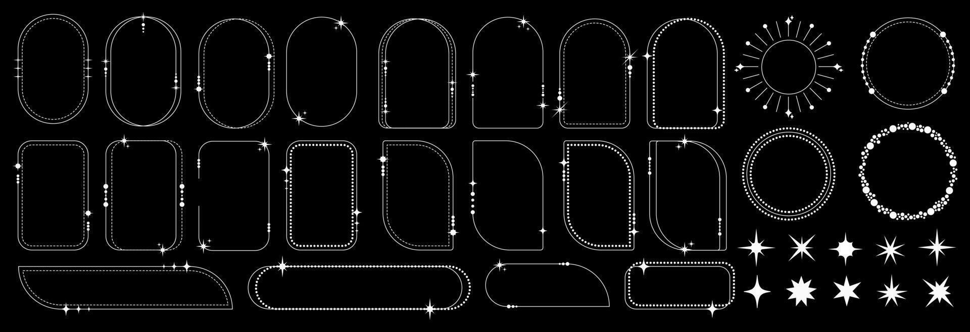 branché ensemble de élégant cadres, linéaire ornement, étoiles. classique rétro minimal éléments pour conception, modèle, affiche, social médias. carré, ovale, cercle, rectangle. illustration dans boho style. vecteur