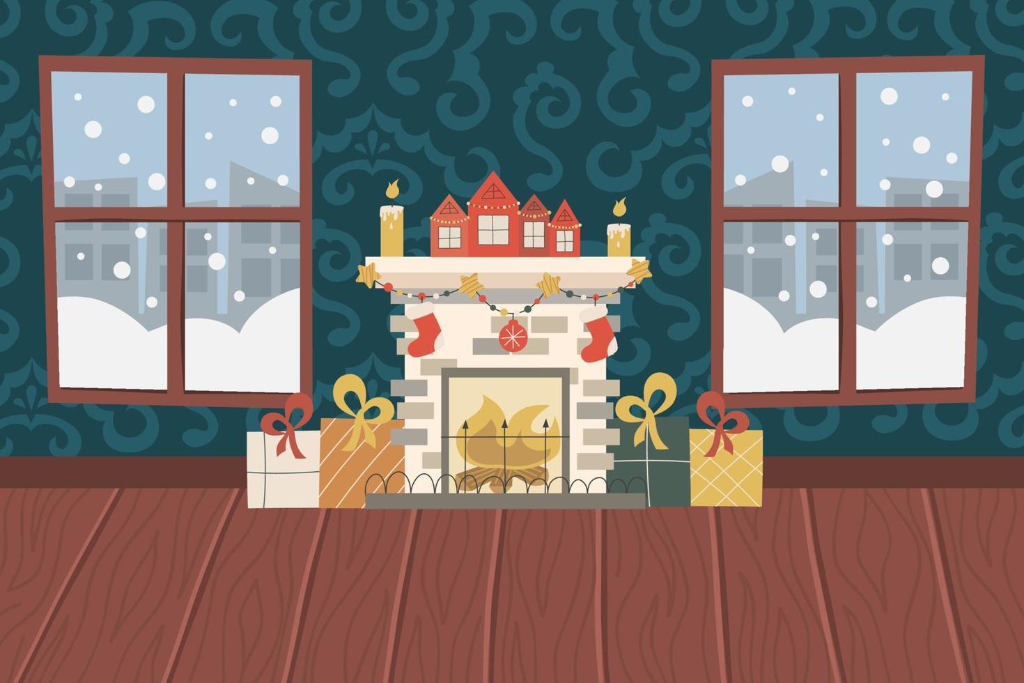 salon de noël avec cheminée, parquet, papier peint à motifs et fenêtres enneigées. cheminée avec bougies, cadeaux et chaussettes, maisons avec guirlandes. illustration vectorielle pour un intérieur festif. vecteur