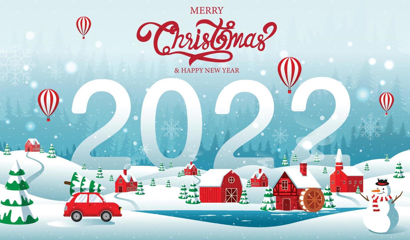 joyeux noël, bonne année, 2022, doré, fantaisie de paysage, illustration vectorielle. vecteur